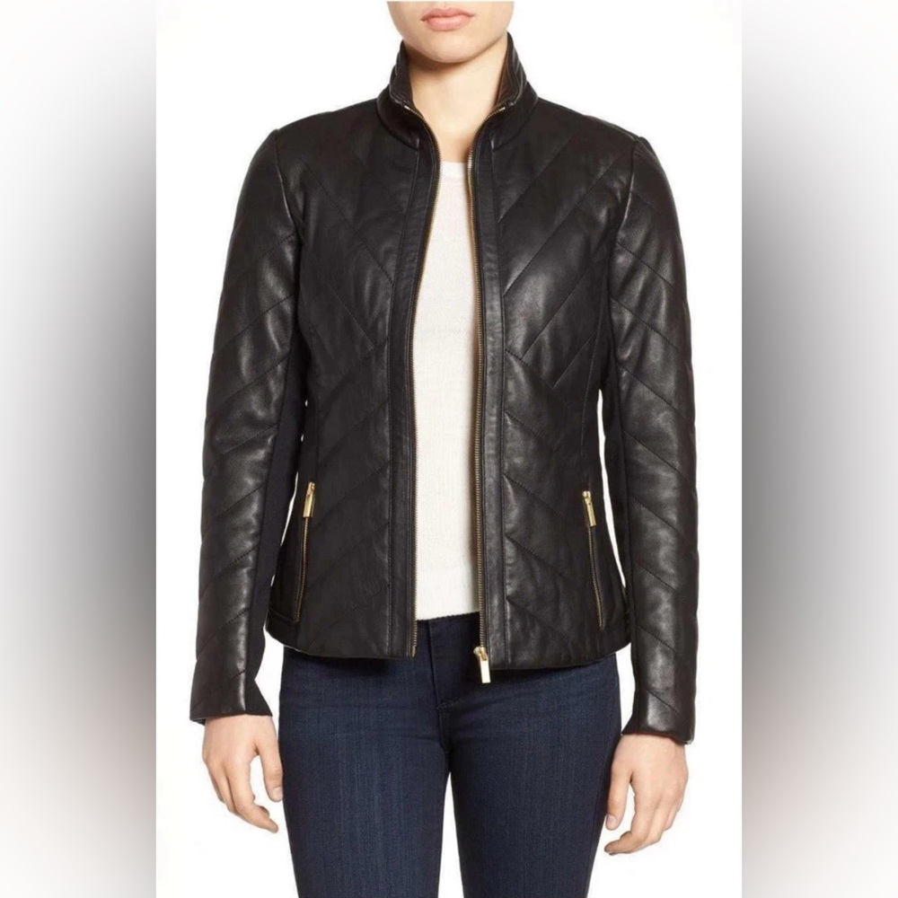 Badgley Mischka Eloise Black Leather Quilted Jacket || M || Pre-Owned